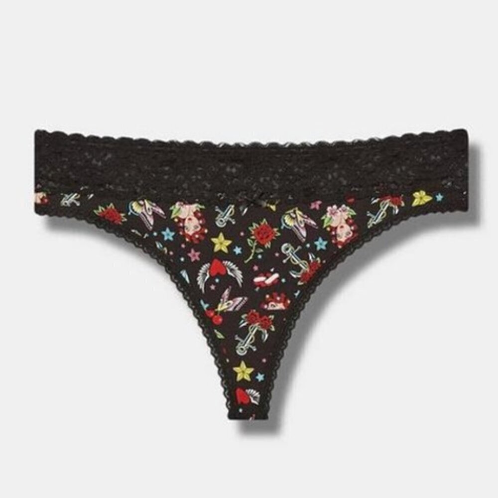 Torrid - Cotton Mid-Rise Thong Panty in Star Girl Tattoo Rich Black